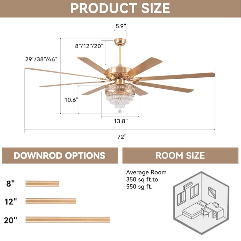 72" Crystal Ceiling Fan Fandelier with Lights and Remote Noiseless DC Motor, Retro/Farmhouse Lighting - 72 Inches