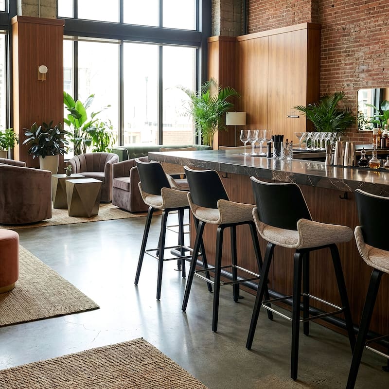 Bea White Two-Toned Linen Fabric Bar Stool with Black Wood Legs