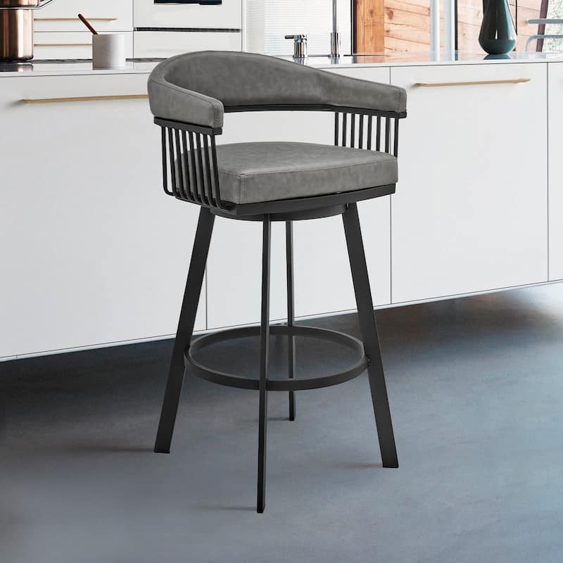 30" Mod Gray Faux Leather Black Finish Swivel Bar Stool - 38" x 22" x 21"
