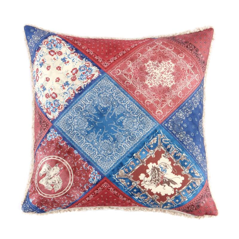 Tasha Polizzi for Paseo Road Western Design Teddy-Backed Bouclé Plush Pillow, 18" x 18" - Patchwork Bandana
