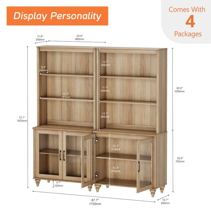 Oak Bookcase with Doors, Large Wood Farmhouse Book Case Shelf
