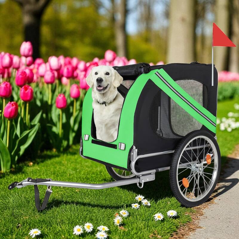 Large Folding Dog Bike Trailer with Steel Frame, 100LB Capacity Pet Bicycle Carrier with 20" Wheels & Rain Cover - Black Green