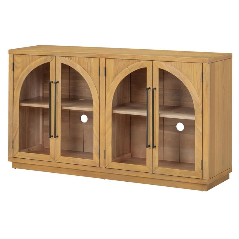 Retro Style Wood Buffet Sideboard with 4 Arched Glass Doors, Kitchen Storage Side Cabinet with Adjustable Shelves