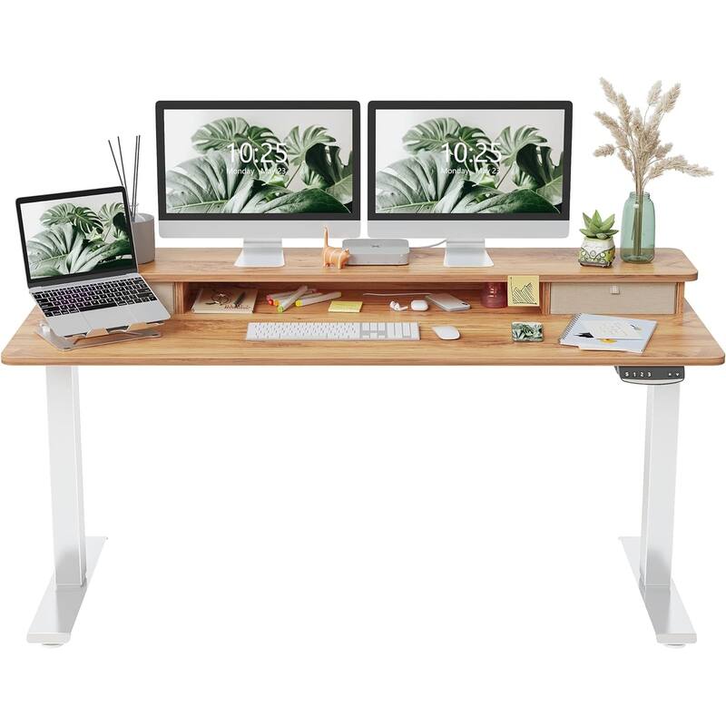 FEZIBO Height Adjustable Electric Standing Desk with Double Drawer, Stand Up Desk with Storage Shelf, Sit Stand Desk