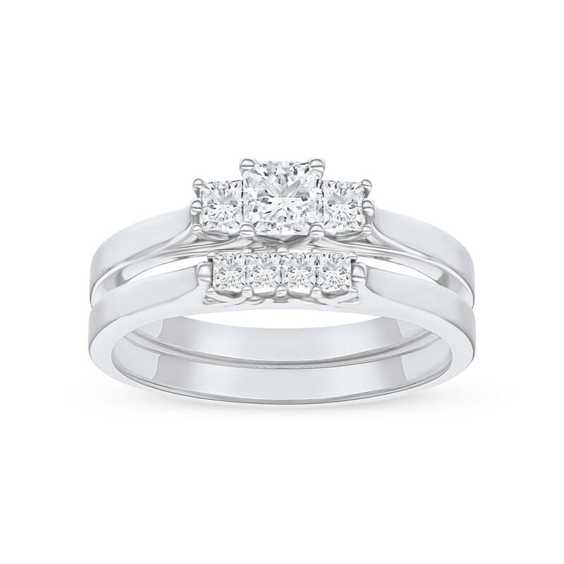 1/2ct TDW Diamond Three Stone Bridal Ring Set in 14K White Gold for Women