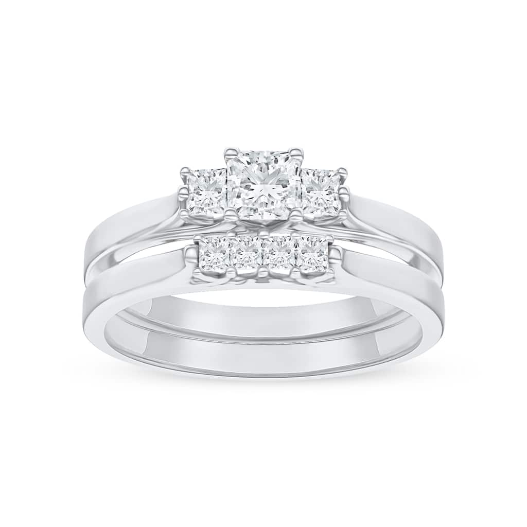 1/2ct TDW Diamond Three Stone Bridal Ring Set in 14K White Gold for Women