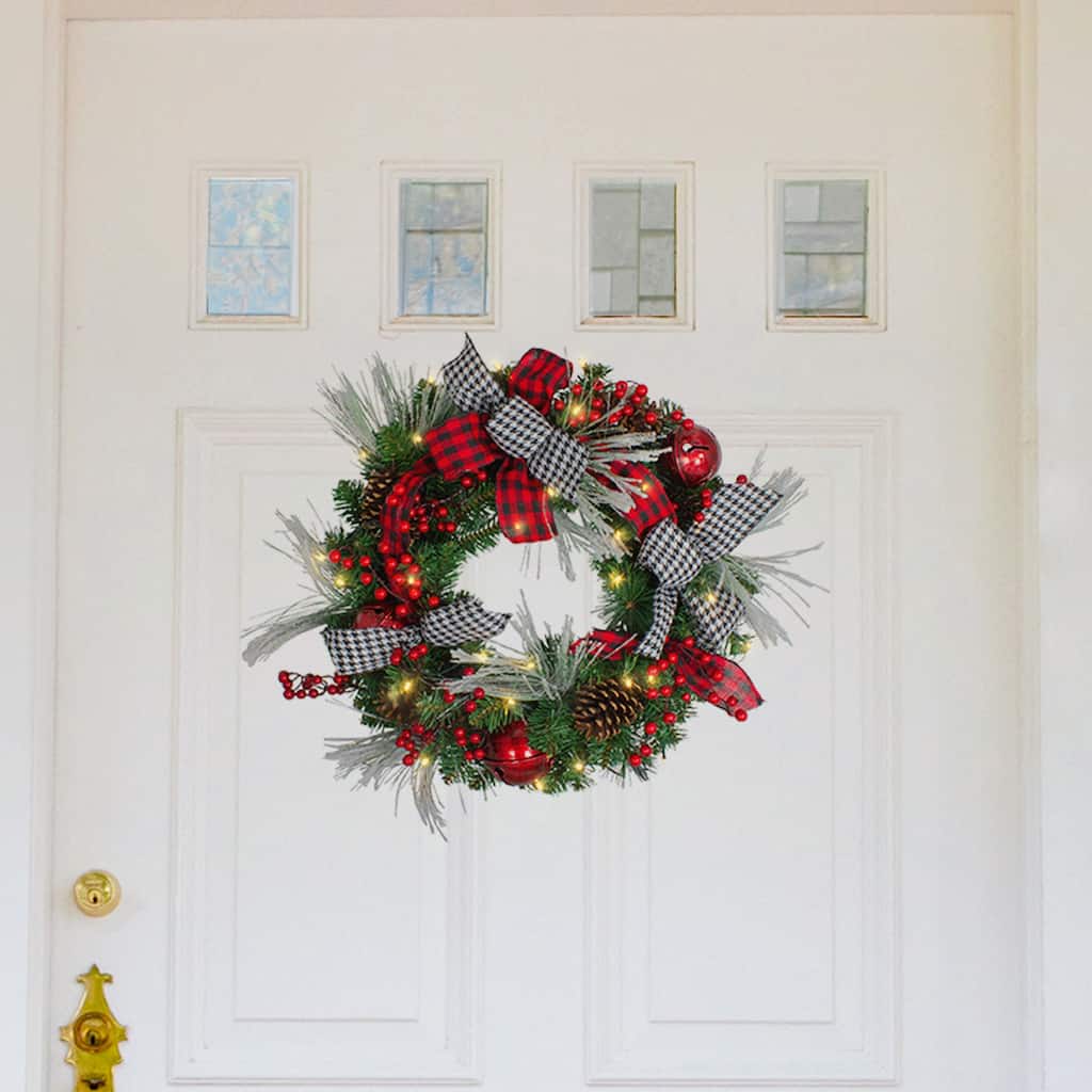 Pre-Lit Decorated Plaid and Houndstooth Artificial Christmas Wreath - 24-Inch Warm White Lights - 24"