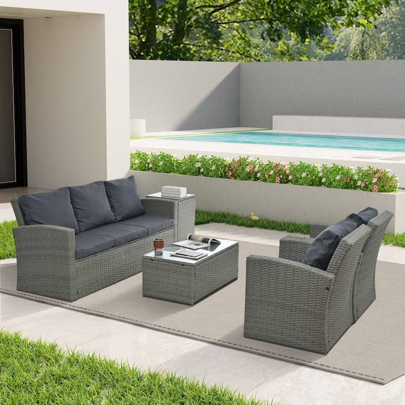 Seasonal PE Wicker Furniture set 5 piece With Tempered Glass Table Top