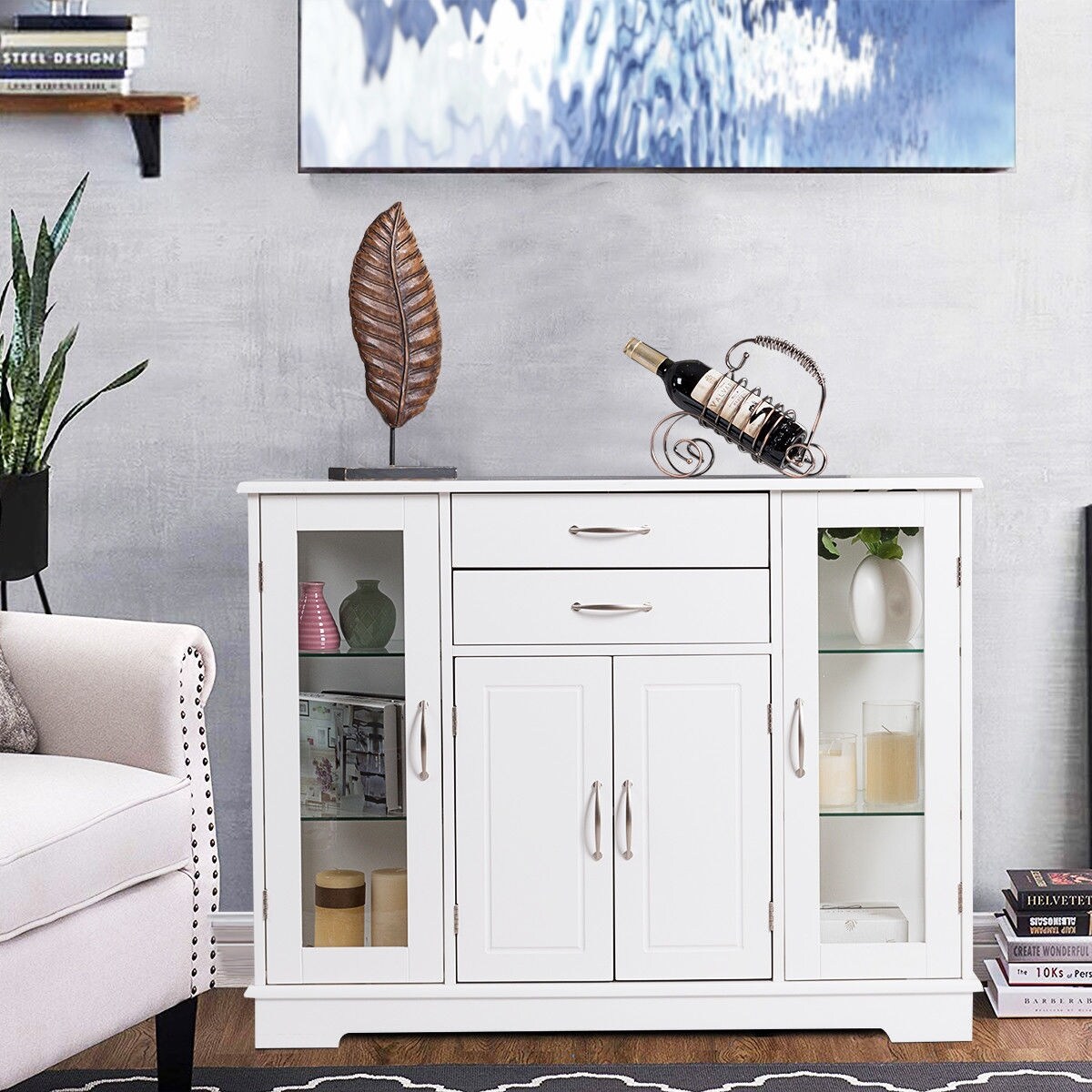 Shop Costway Buffet Storage Cabinet Console Cupboard W Glass Door