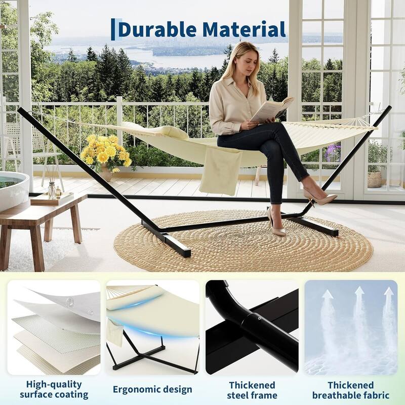 Heavy Duty Portable Double Hammock with Stand for Outdoor Patio, Garden, Beach, Backyard