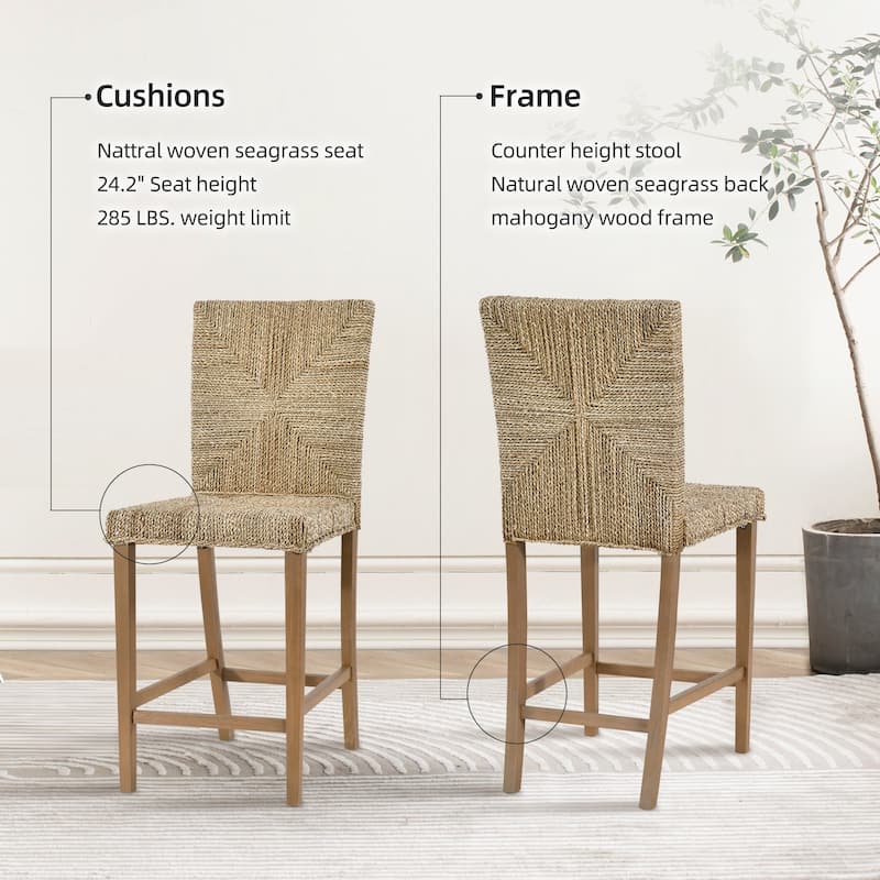 Bohemian 24" Height Weave Seagrass Rattan Counter Stools with High Back - 18.3"W x 23"L x 41.4"H