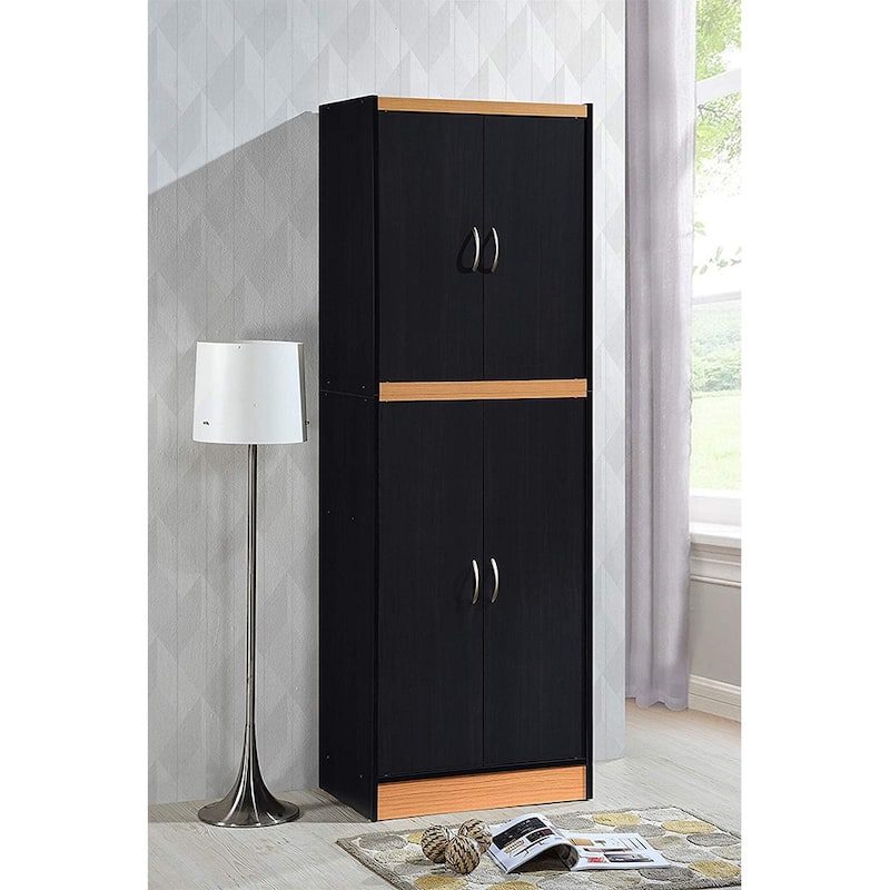 Hodedah HI224 4-Door 4-Shelve 5-Compartments Storage Kitchen Pantry, Black Beech - 86