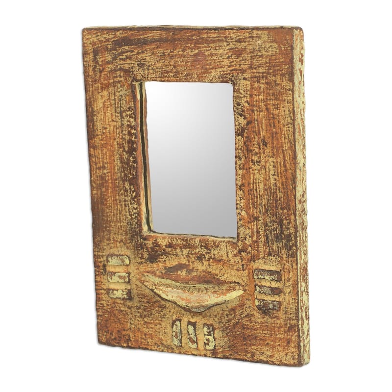 Handmade Cape Coast Night Sese Wood, Clay, Glass Wall Mirror (Ghana) - Brown