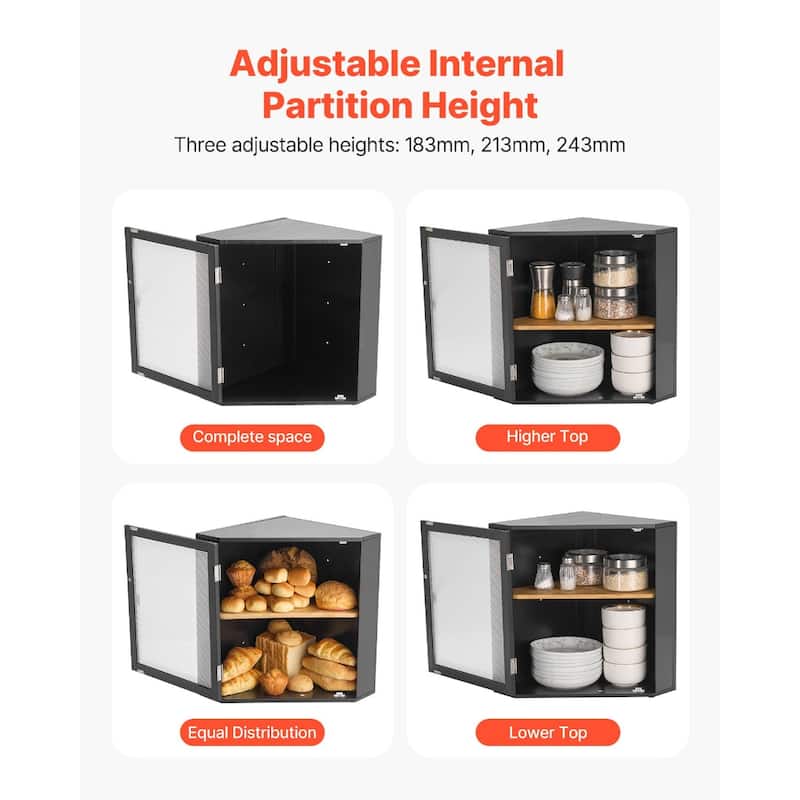 Black Wicker Wood Corner Bread Box with Double Layer Adjustable Shelves and Acrylic Door - 12.60” x 12.60” x 16.73”