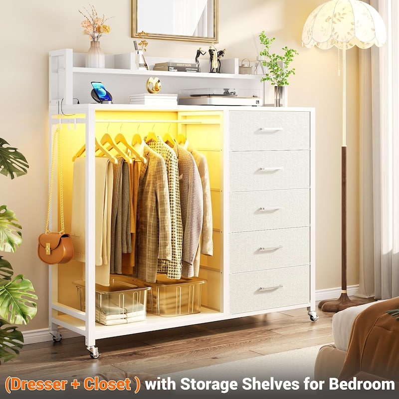 5 Drawers Dresser with Charging Station & LED Lights, Chest of Drawers with Hanging Rod ＆ Lockable Wheels ＆ Storage Shelves - White