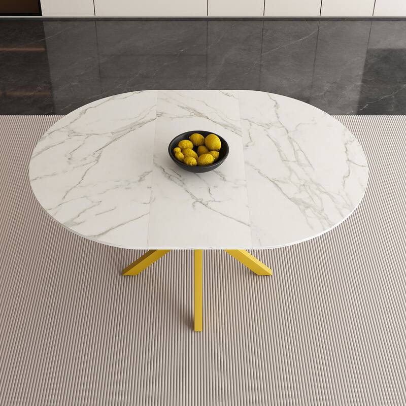 Extendable Round Dining Table with Marble Top, Kitchen Table Home Office Table Coffee Table with X-Base