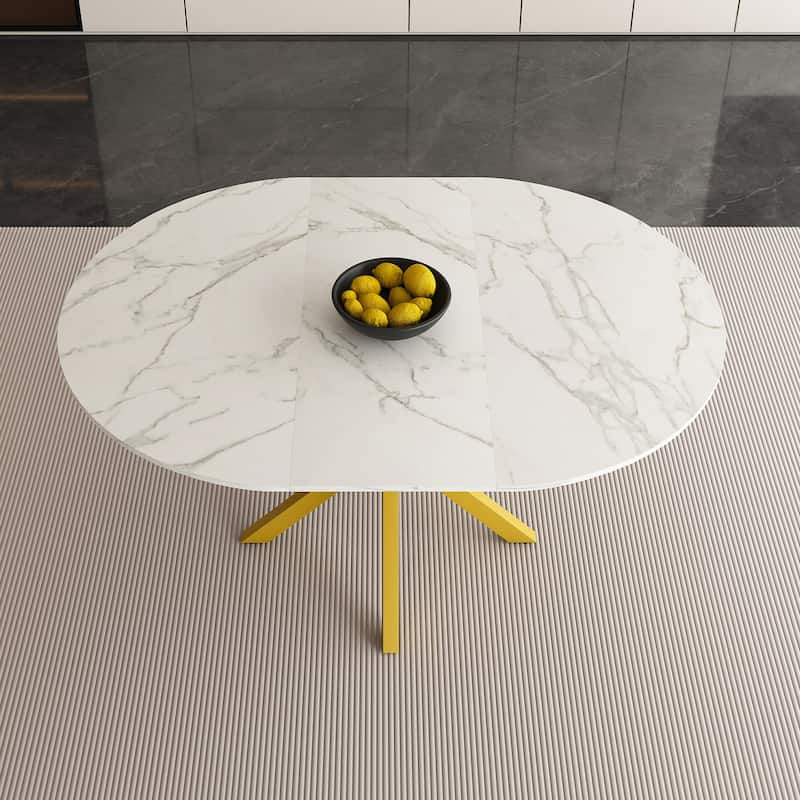 Modern and simple round dining table with extendable blades, carbon steel X-shaped base, sturdy and durable(4-6 people)