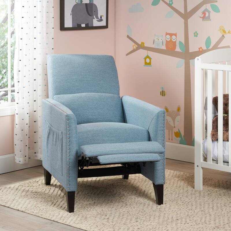 Modern Fabric Upholstered Push-Back Recliner with Footrest, Nailhead Accents, Birch Wood Legs