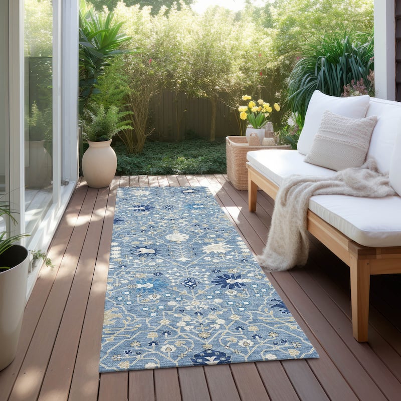 Machine Washable Indoor/ Outdoor Global Traditional Chantille Rug - Denim - 2'3" x 7'6"