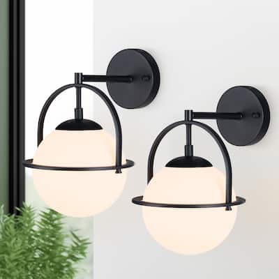 Modern Black Wall Sconces with White Globe Glass for Bedroom Set of 2