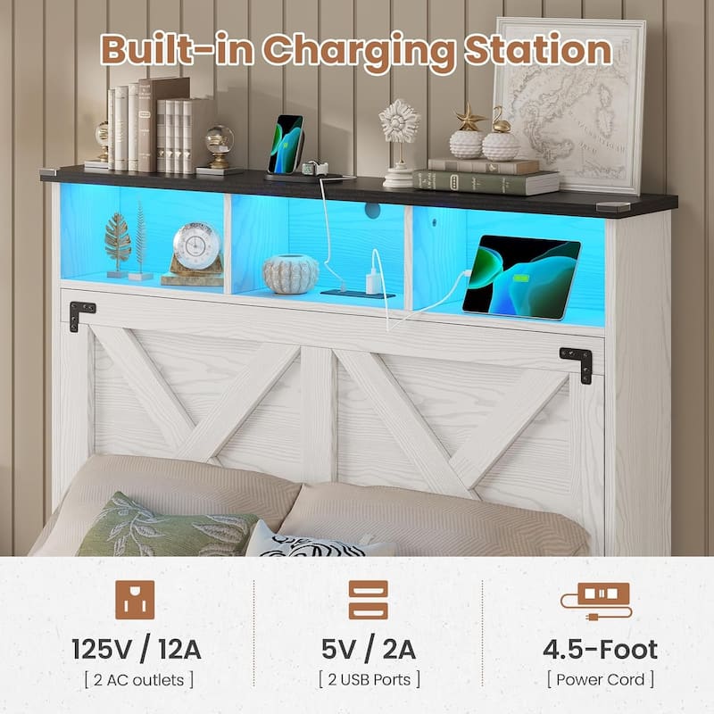 Bed Frame with Storage Ottoman Charging Station and Led Light