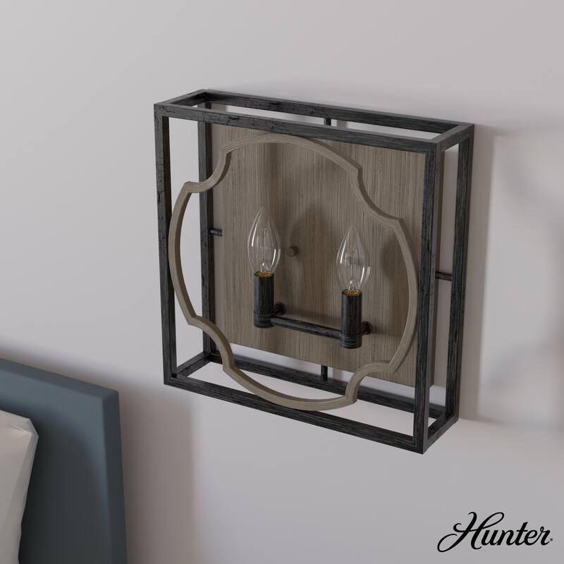 Hunter Stone Creek 2-Light Wall Sconce - Bathroom, Hallway, Laundry - Farmhouse, Rustic, Transitional - Damp Rated! - French Oak-Rustic Iron