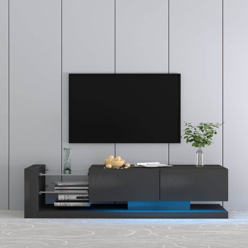 Modern RGB LED TV Stand with Storage Cabinets - 31 Color Modes, App & Remote Control, Built-in Power Outlets - Black