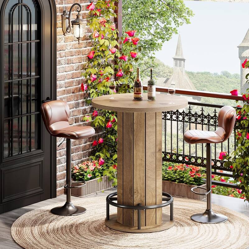 39.4 Inches Wood Round Bar Table, Bistro Pub Table with Metal Ring Footrest