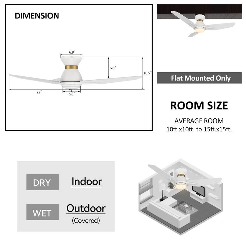 CARRO Jaiden 44" 3-Blade White Smart Ceiling Fan with Light and Remote-Flush Mount