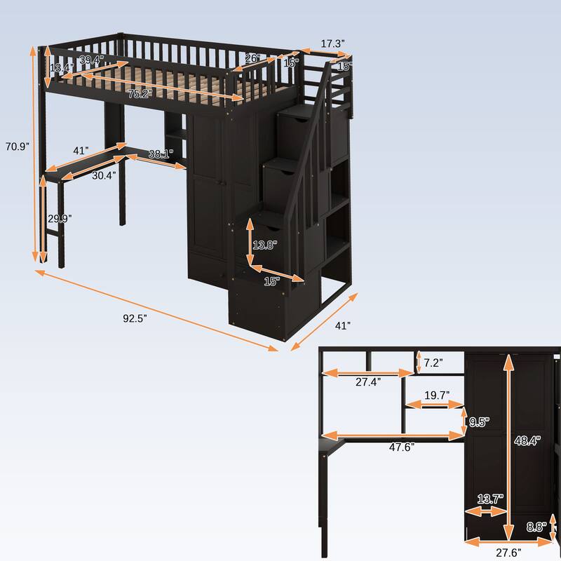Modern Twin size Loft Bed with Bookshelf,Drawers,Desk,and Wardrobe