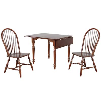 3 Piece Distressed Wooden Dining Set with Drop Leaf Table - 48" - Brown