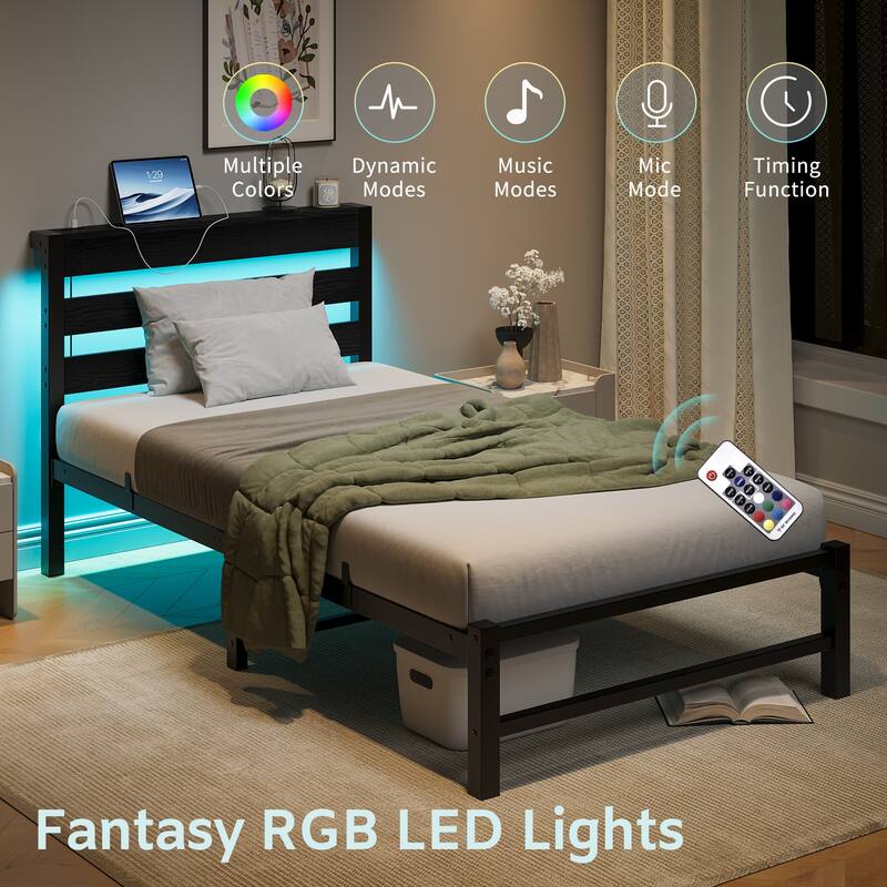 Modern Metal Bed with Wooden Headboard, RGB Lights & Storage Shelf