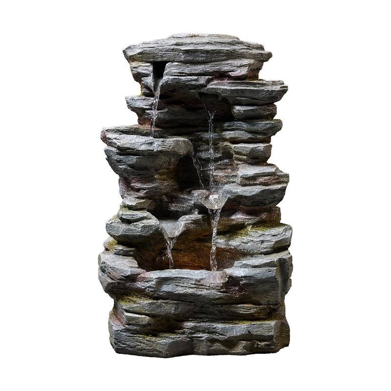 Outdoor Four-Tier Rock Fountain with LED Lighting and Natural Rock Design
