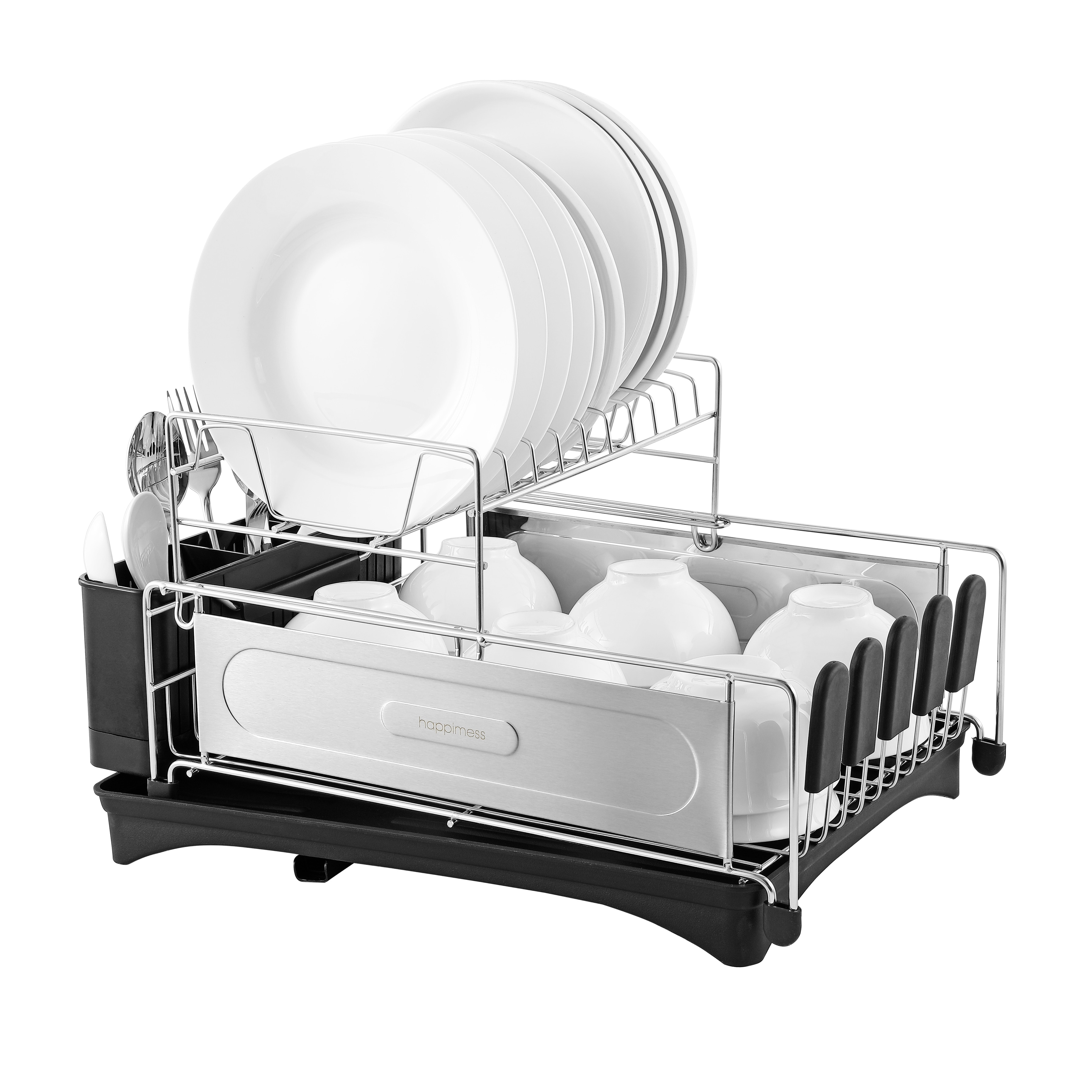 happimess Compact 17.25 Fingerprint-Proof Stainless Steel Dish Drying Rack  With Wine Glass Holder, Stainless Steel/Black