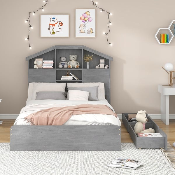 slide 2 of 10, Full Size Wood Platform Bed with 2 Drawers & Storage Headboard Gray
