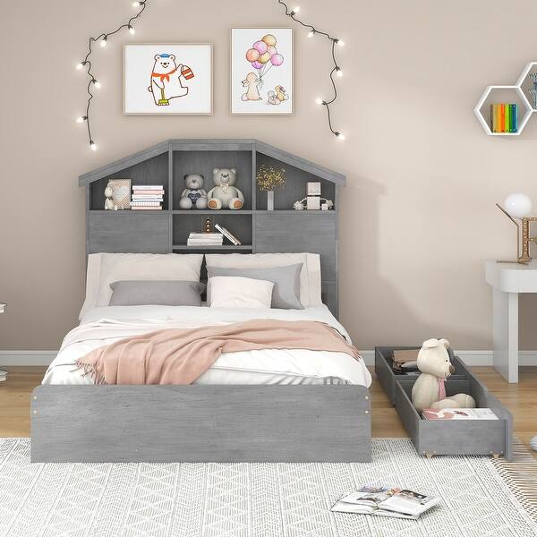 slide 2 of 11, Full Size Wood Platform Bed with House-Shaped Storage Headboard and 2 Drawers, Grey Grey - Full