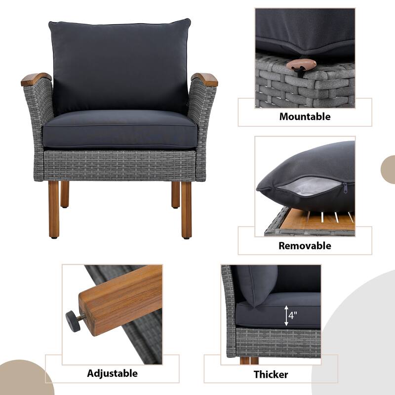 Roomfitters 9-Piece Outdoor Patio Furniture Set with Gray Rattan Sectional Sofa, 2 Armchairs and Wood Top Coffee Table, Gray