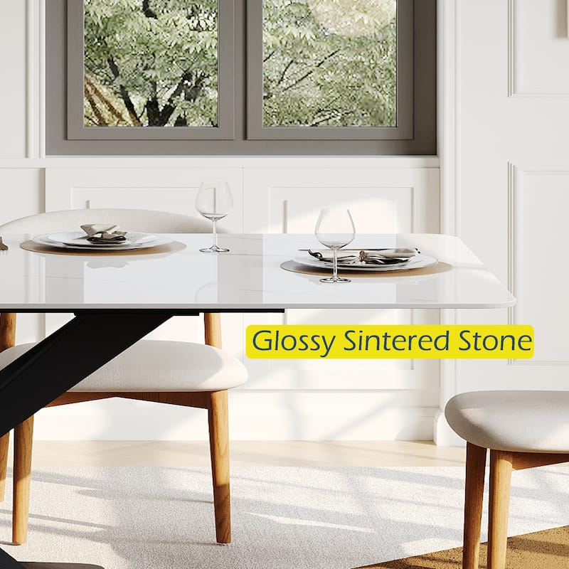 Modern Rectangular Dining table with Glossy Sintered Stone Table top, White Kitchen Table