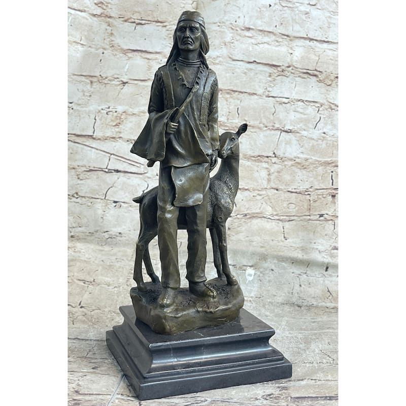 Native American Man W/ Deer Bronze Figure Statue Sculpture Signed Original Art 12 Inches X 5 Inches