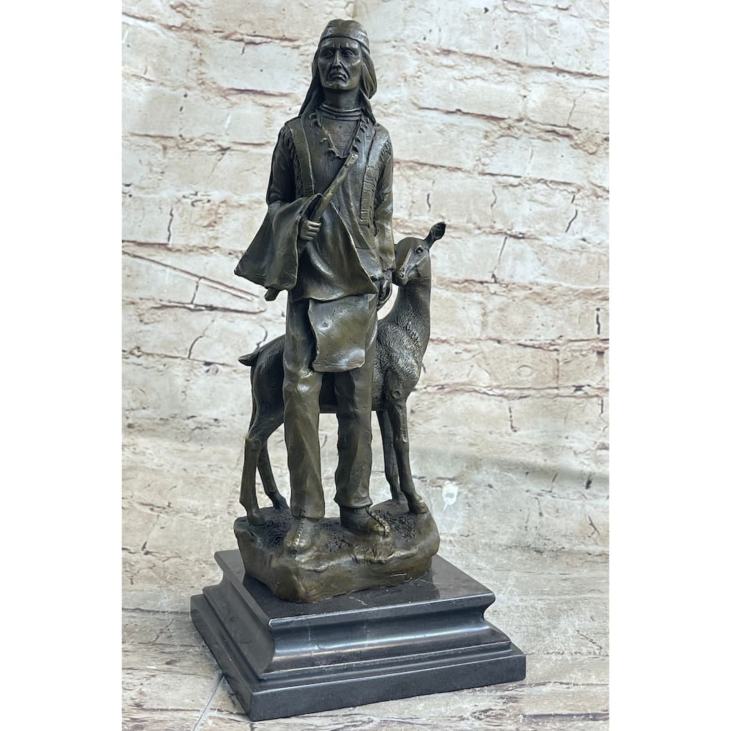 Native American Man W/ Deer Bronze Figure Statue Sculpture Signed Original Art 12 Inches X 5 Inches