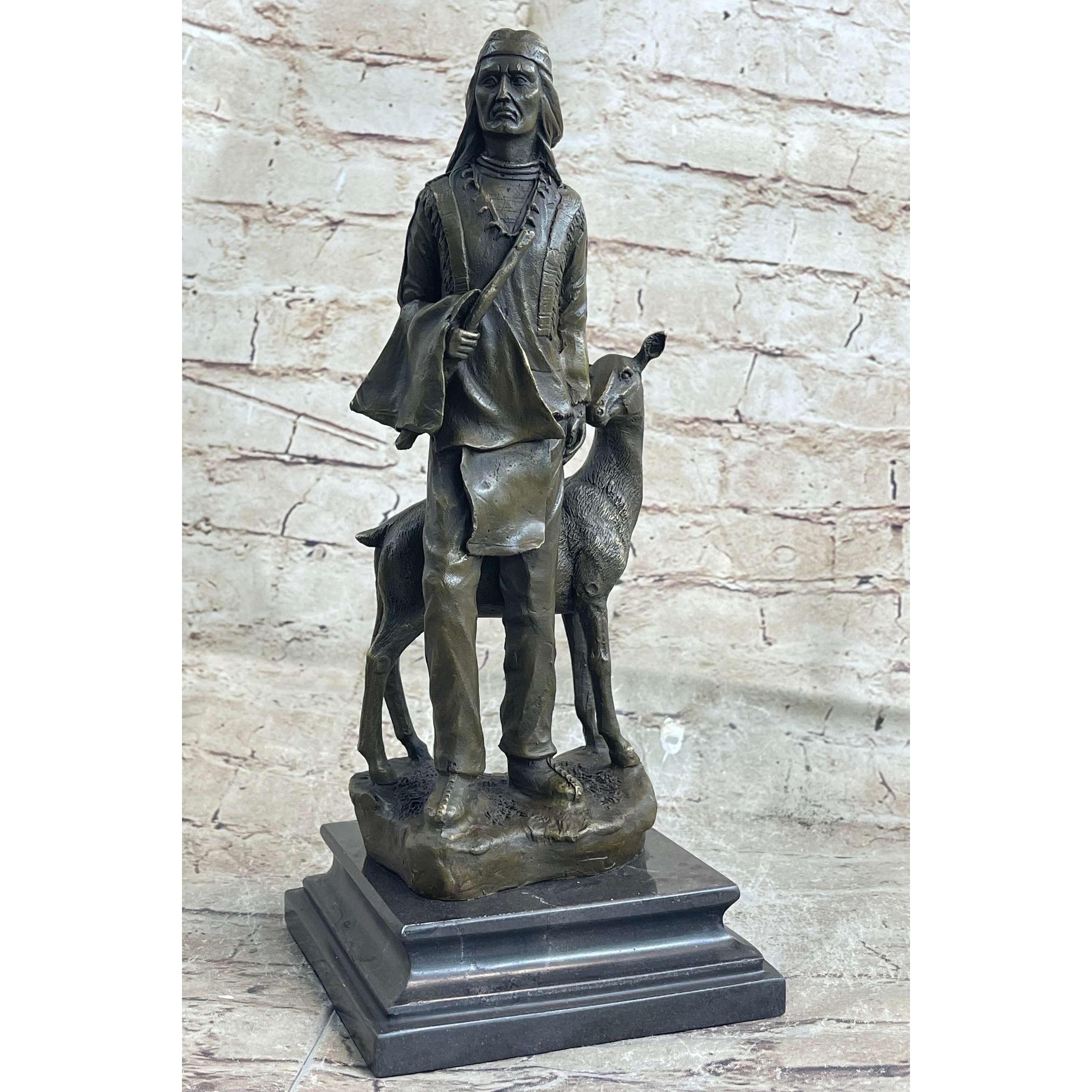 Native American Man W/ Deer Bronze Figure Statue Sculpture Signed Original Art 12 Inches X 5 Inches