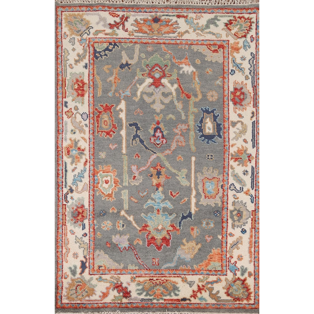 Gray Oushak Oriental Area Rug Handmade Geometric Wool Carpet - 4'0"x 6'0"