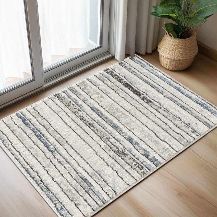 Modern Minimalist Striped Area Rug - Blue/Grey/Cream - Rectangle 2' x 2'11"