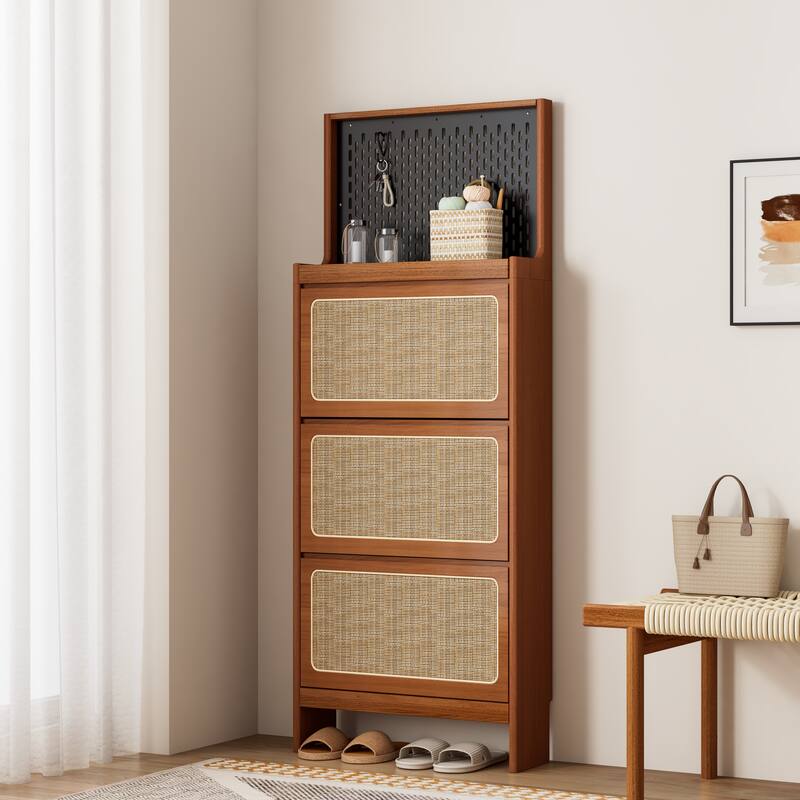Modern Free Standing Rattan Shoe Cabinet with Flip Drawers and Pegboard Storage, Stylish Shoe Rack for Entryway and Hallway