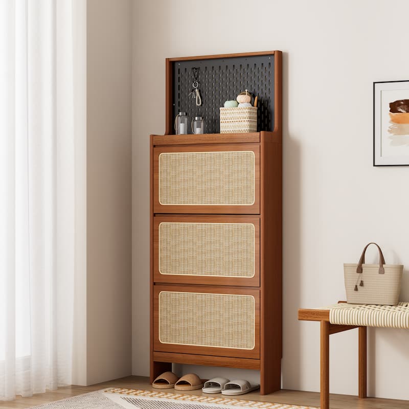 Roomfitters Rattan Shoe Cabinet with 3 Flip Drawers, Entryway Shoe Storage & Pegboard Organizer, Walnut - Walnut