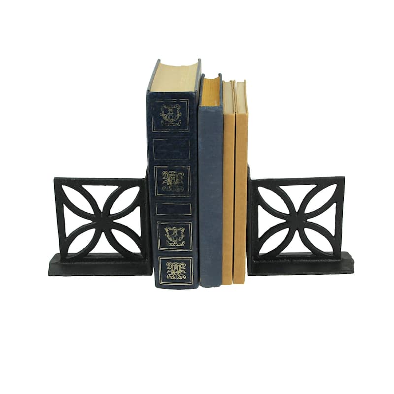Zeckos Black Cast Iron Floral Breeze Block Bookends (Set Of 2) - 5 X 5.25 X 2.25 inches
