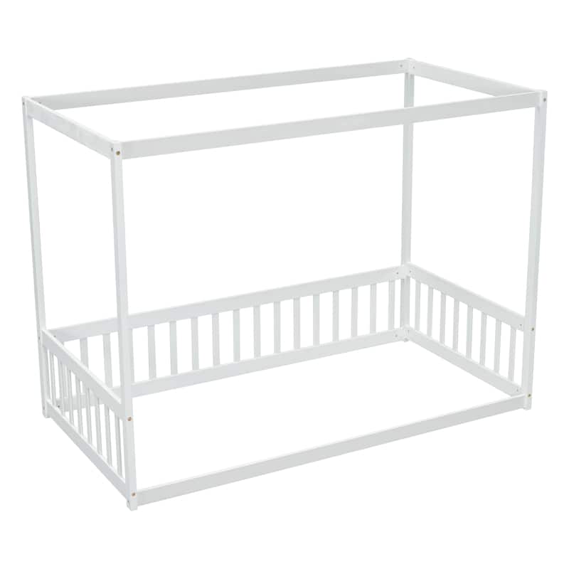 Wood Canopy Frame Floor Bed with Fence,Guardrails