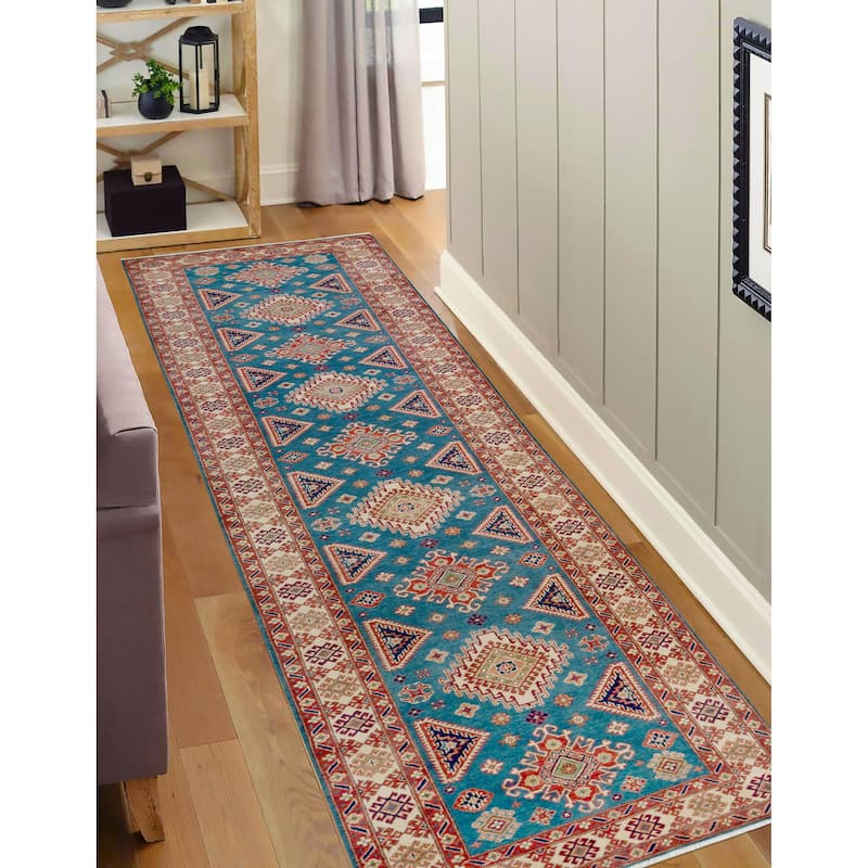 Rustic Kazak Katrina Blue/Natural Wool Runner - 4'0'' x 16'2''