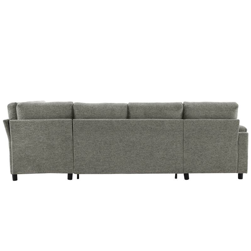 U-Shaped Chenille Sectional Sofa with Storage Chaise Lounge, Convertible Sleeper Sofa Bed with Cup Holders & Charging Ports