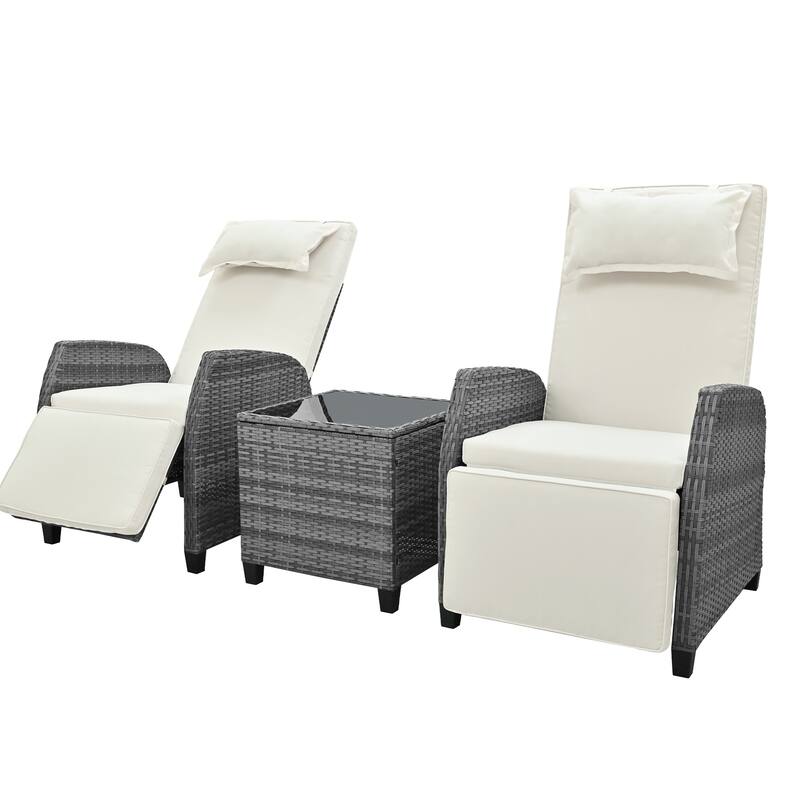 3-Piece Outdoor Patio Wicker Recliner Chair Set with Tempered Glass Table